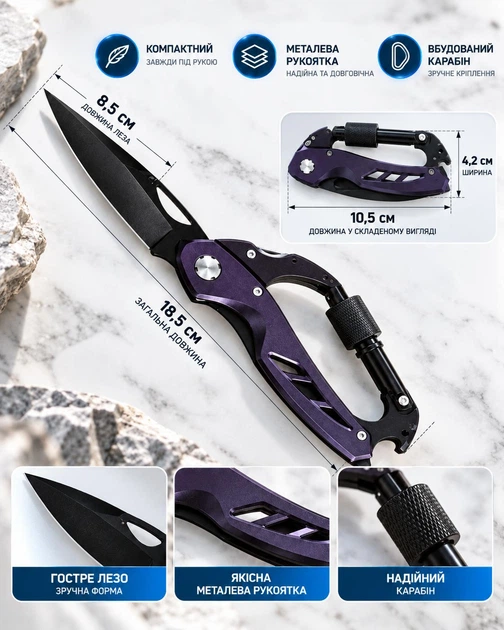 Ніж складаний туристичний TITAN EDGE X1 з карабіном та викруткою, багатофункціональний кишеньковий ніж-мультитул для риболовлі, кемпінгу та походів, синій - изображение 3