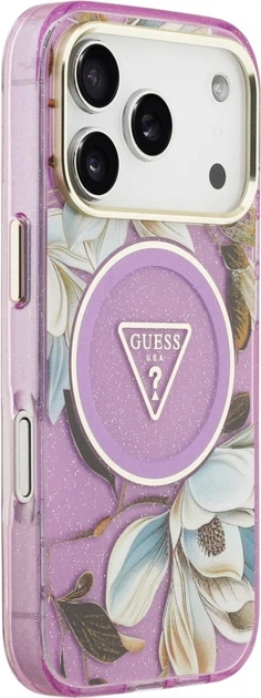 Etui na smartfon Apple iPhone 18 Pro Max/17 Pro Max Guess IML Glitter Flowers Triangle MagSafe Purple (GUHMP18XHFLPEDU) - obraz 4