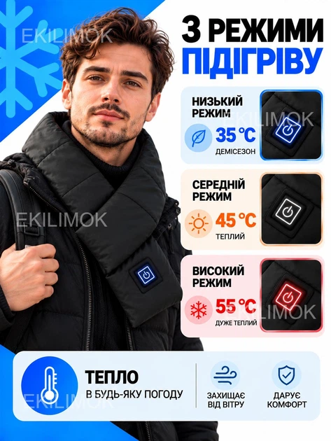 Електричний шарф з підігрівом USB, термошарф з живленням від павербанка, шарф-грілка 3 режими нагрівання 35-55 °C, теплий зимовий із поліестеру та флісу з електропідігрівом для зігрівання шиї у холодну погоду, зими, осені, блекауту Чорний - зображення 3
