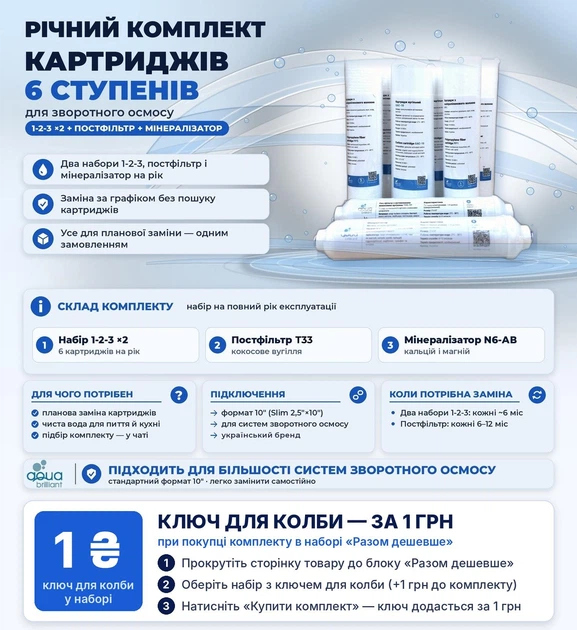 Річний комплект картриджів Aqua Brilliant для зворотного осмосу 6 ступенів з мінералізатором (00036-ПГ5-6/2ППP) - зображення 2