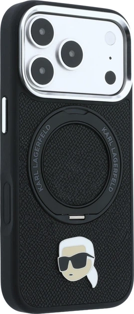 Etui na smartfon Apple iPhone 18 Pro/17 Pro Karl Lagerfeld with Ring Stand 360 Karl Head Pin MagSafe Black (KLHMP18LPSRSKLHK) - obraz 3