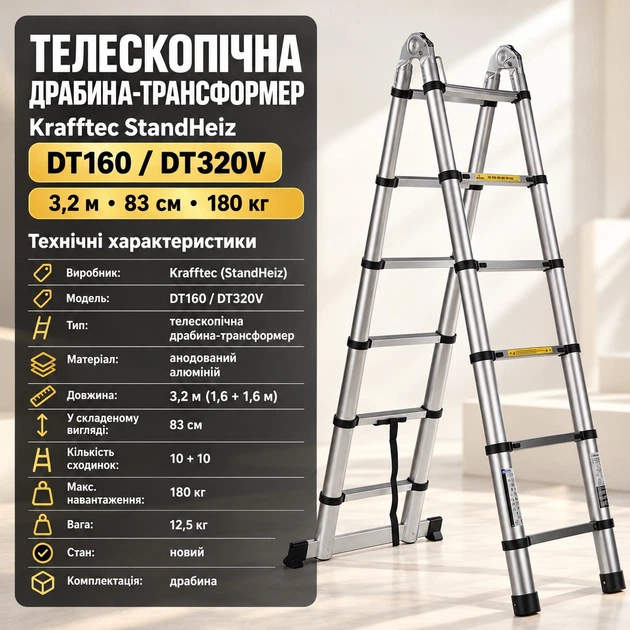 Стремянка телескопическая лестница раскладная 3.2 м анодированный алюминий складывается до 83 см для дома и сада - изображение 2