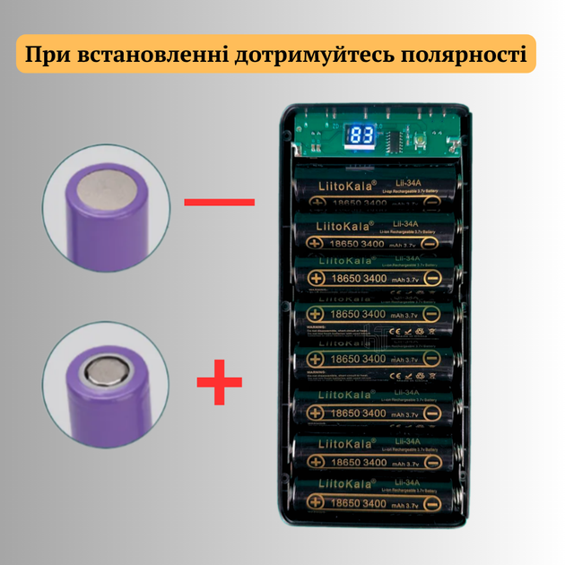 Корпус для павербанка на 8 акумуляторів 18650 з цифровим дисплеєм, USB-A, Type-C, Micro-USB - Фото 3 Корпус для павербанка на 8 акумуляторів 18650 з цифровим дисплеєм, USB-A, Type-C, Micro-USB - зображення 3