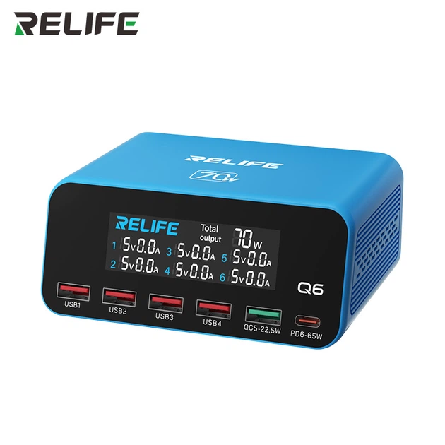Быстрое зарядное устройство RELIFE Q6 / 1xType-C PD / 1xUSB QC / 4xUSB / дисплей / 70W Max / Blue - изображение 8