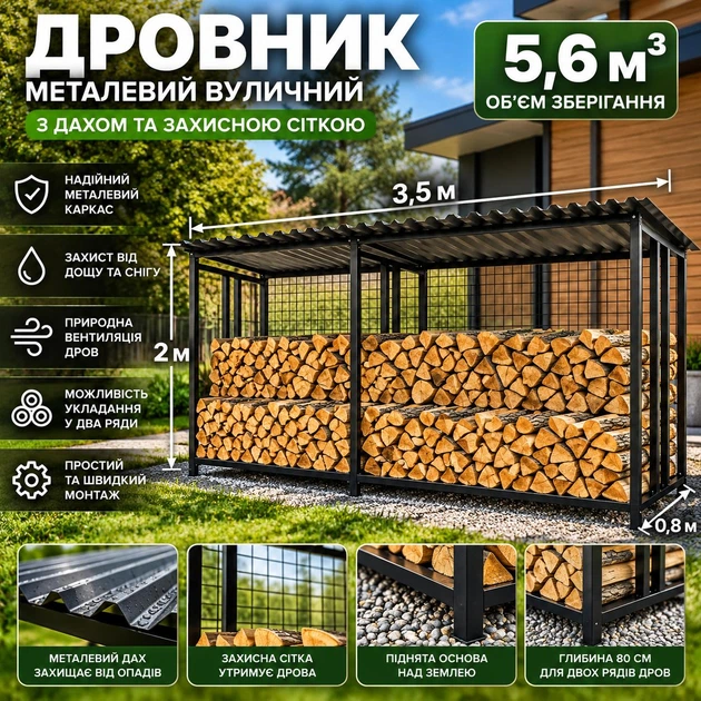 Дровник металлический уличный 350х200х80 см с крышей и защитной сеткой 5,6 м³ для дров 2 ряда - изображение 2