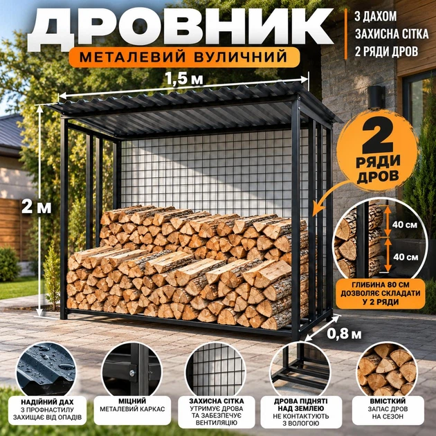 Дровница металлическая 2,4 м³ уличная 200х150х80 см с крышей сеткой и местом на 2 ряда дров - Фото 2 Дровница металлическая 2,4 м³ уличная 200х150х80 см с крышей сеткой и местом на 2 ряда дров - изображение 2
