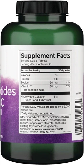 Kolagen hydrolizowany Swanson Hydrolyzed Collagen Peptides + Vitamin C typ I i III 250 tabletek (87614118284) - Zdjęcie 2 Kolagen hydrolizowany Swanson Hydrolyzed Collagen Peptides + Vitamin C typ I i III 250 tabletek (87614118284) - obraz 2