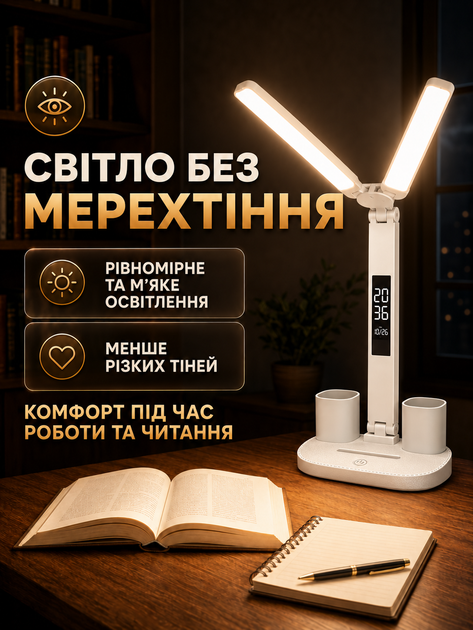 LED лампа настольная аккумуляторная складная светильник для учебы чтения работы школьника офиса дома детской с 2 поворотными плафонами сенсорным управлением регулировкой яркости 3 режимами света 3000 6500 K USB зарядкой держателем телефона 5 Вт белая - изображение 4
