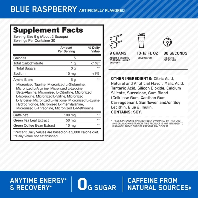 Амінокислота Optimum Nutrition Amino Energy 270 г Blue Raspberry / малина (USA) - зображення 2