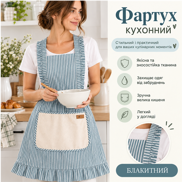 Кухонний фартух жіночий в стилі прованс з кишенею, бавовняний, в смужку, блакитний - Фото 7 Кухонний фартух жіночий в стилі прованс з кишенею, бавовняний, в смужку, блакитний - зображення 7