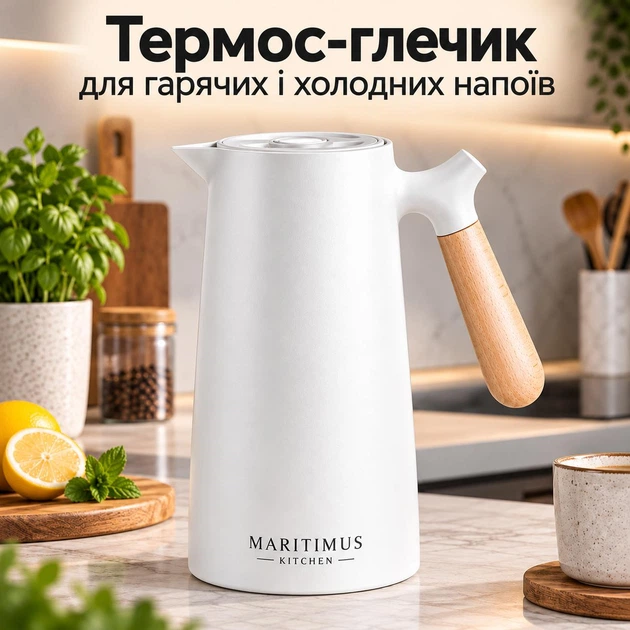 Термос - кувшин для горячих и холодных напитков термоглечик 2в1 вакуумный пищевой герметичный для кухни дома офиса 1 литр с двойными стенками стеклянной вакуумной колбой и зеркальным покрытием Maritimus Kitchen - изображение 2
