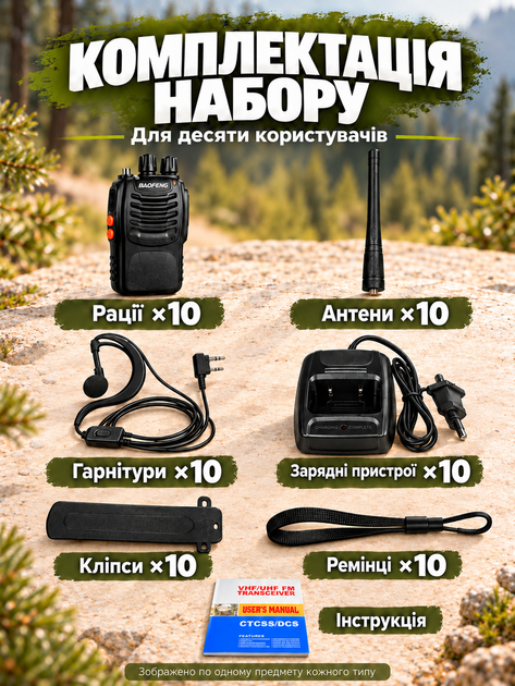 Комплект рацій Baofeng BF-888S 10 шт портативні рації радіостанція UHF 400–470 МГц 16 каналів 5 Вт з акумулятором 1500 mAh гарнітура зарядний пристрій VOX скануванням ліхтарем для охорони будівництва складу полювання риболовлі походів чорний - Фото 10 Комплект рацій Baofeng BF-888S 10 шт портативні рації радіостанція UHF 400–470 МГц 16 каналів 5 Вт з акумулятором 1500 mAh гарнітура зарядний пристрій VOX скануванням ліхтарем для охорони будівництва складу полювання риболовлі походів чорний - зображення 10