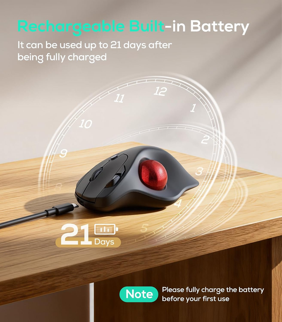 Беспроводная трекбол-мышь Nulea M511 с подставкой 21,7°, Bluetooth, USB 2,4 ГГц, 4 DPI, 6 кнопок, аккумулятор, бесшумная, красная - изображение 8