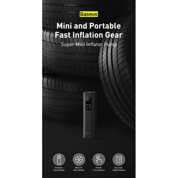 Автомобильный компрессор Baseus Super Mini Inflator Pump Black (CRCQ000001) - Фото 7 Автомобильный компрессор Baseus Super Mini Inflator Pump Black (CRCQ000001) - изображение 7
