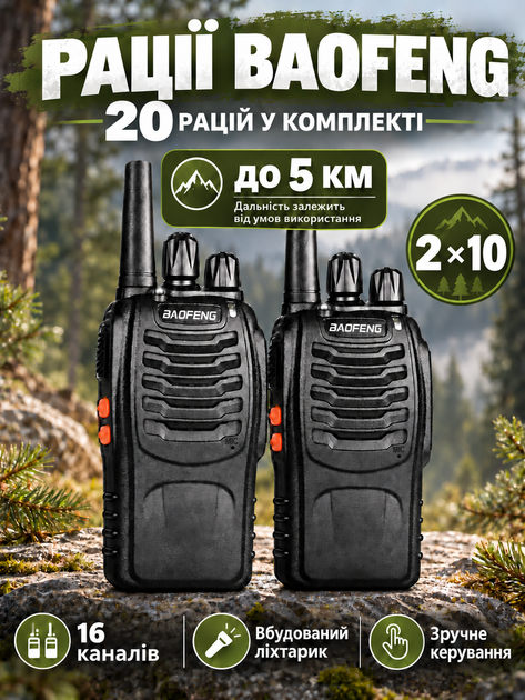 Комплект рацій Baofeng BF-888S 20 шт портативні рації радіостанція UHF 400–470 МГц 16 каналів 5 Вт з акумулятором 1500 mAh гарнітура зарядний пристрій VOX скануванням ліхтарем для охорони будівництва складу полювання риболовлі походів чорний - Фото 1 Комплект рацій Baofeng BF-888S 20 шт портативні рації радіостанція UHF 400–470 МГц 16 каналів 5 Вт з акумулятором 1500 mAh гарнітура зарядний пристрій VOX скануванням ліхтарем для охорони будівництва складу полювання риболовлі походів чорний - зображення 1