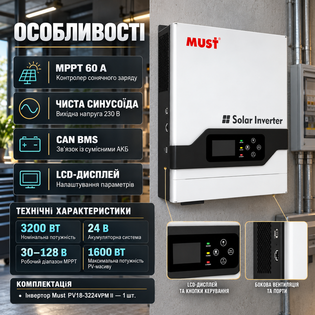 Гібридний сонячний інвертор Must PV18-3224VPM II 3200 Вт 24 В з MPPT контролером 60 А чистою синусоїдою 230 В та підтримкою BMS - зображення 2