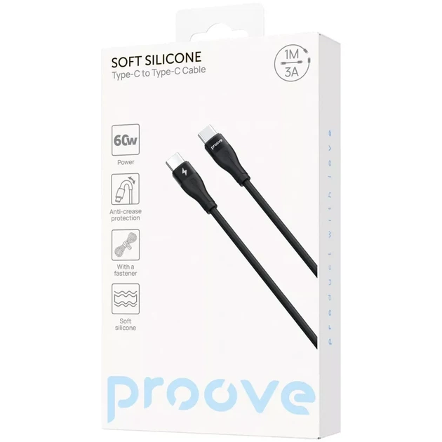 Кабель Proove Soft Silicone Type-C to Type-C 60W (1m) чорний - Фото 1 Кабель Proove Soft Silicone Type-C to Type-C 60W (1m) чорний - зображення 1