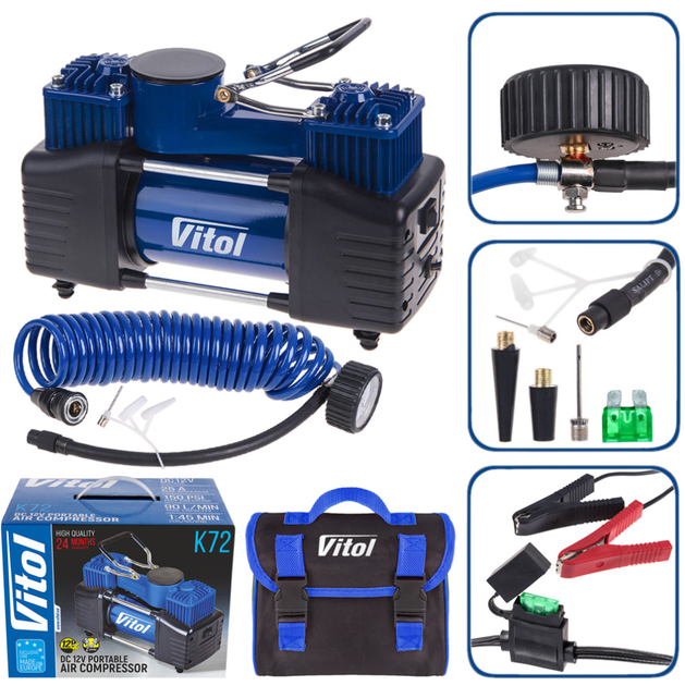 Компрессор двухпоршневой ViTOL K-72 150psi/25Amp/90л/2 цилиндра/шланг 5,0м - Фото 7 Компрессор двухпоршневой ViTOL K-72 150psi/25Amp/90л/2 цилиндра/шланг 5,0м - изображение 7