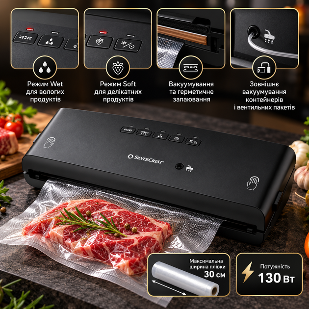 Вакуумний пакувальник SilverCrest SV 130 A1 130 Вт для продуктів Вакууматор із режимами Wet і Soft та запаюванням - зображення 4
