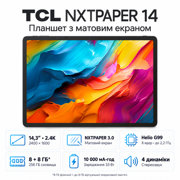 Планшет 14.3" 2.4К TCL NXTPAPER 14 8+8/256Gb Android 14 10000 mAh + Чохол - изображение 5