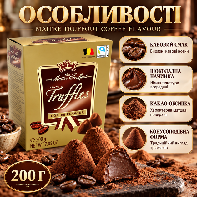 Шоколадные трюфели Maitre Truffout Fancy Truffles Coffee Flavour 200 г кофейные конфеты конусообразной формы с нежной начинкой покрытые какао-порошком - Фото 2 Шоколадные трюфели Maitre Truffout Fancy Truffles Coffee Flavour 200 г кофейные конфеты конусообразной формы с нежной начинкой покрытые какао-порошком - изображение 2
