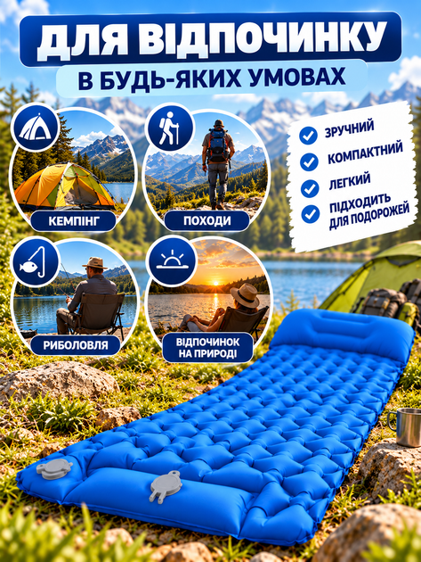 Самонадувной туристический коврик с насосом 180×58×5 см надувной каремат для кемпинга матрас из TPU с подушкой Голубой - изображение 3