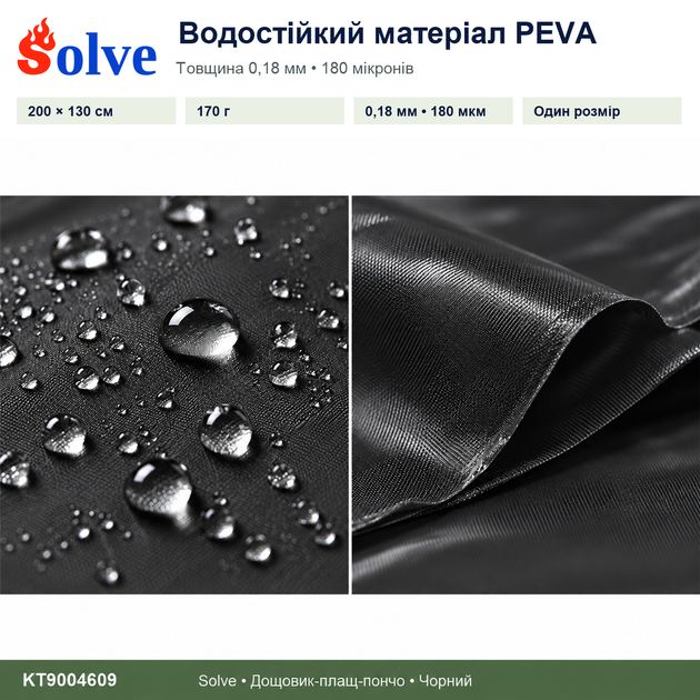 Дощовик-пончо Solve 3 в 1 чорний багаторазовий PEVA, плащ-накидка, тент, підстилка, 200×130 см KT9004609 - зображення 7