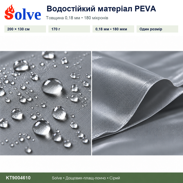 Дождевик-пончо Solve 3 в 1 серый многоразовый PEVA, плащ-накидка, тент, подстилка, 200×130 см KT9004610 - изображение 7