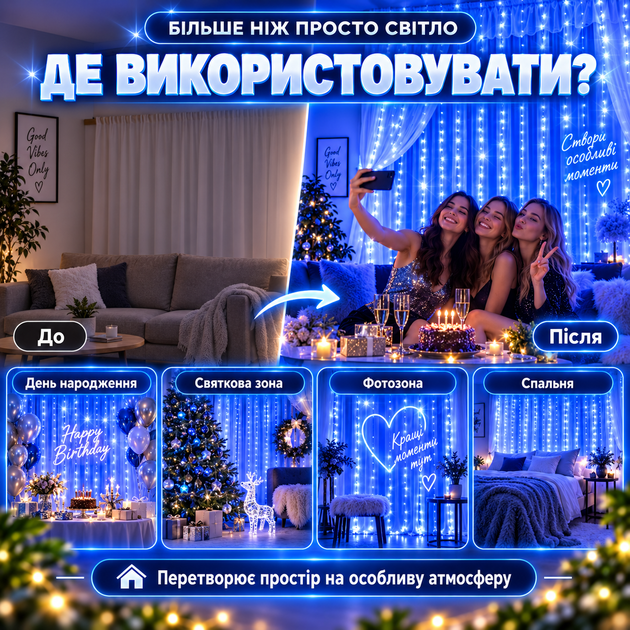 LED гирлянда штора для дома 3х3 м Гирлянда на окно 300 LED от USB Синий Гирлянда штора водопад - изображение 5