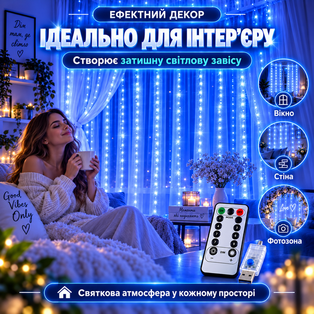 LED гирлянда штора для дома 3х3 м Гирлянда на окно 300 LED от USB Синий Гирлянда штора водопад - изображение 9