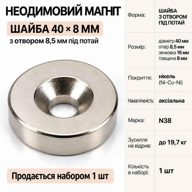 Неодимовий магніт 40х8 мм з отвором 8,5 мм - Фото 1 Неодимовий магніт 40х8 мм з отвором 8,5 мм - зображення 1