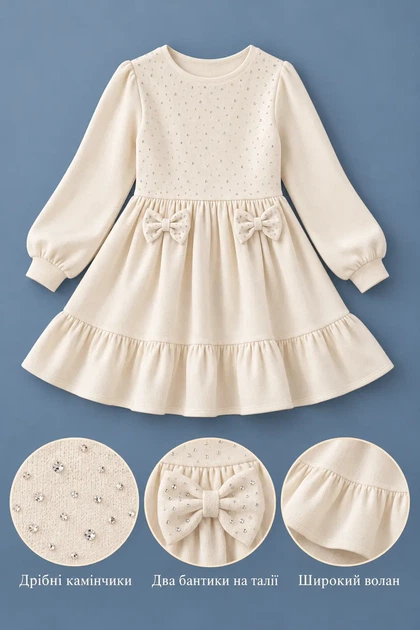 Сукня тепла Soft Pearl з камінчиками та бантиками молочний 110 см - Фото 3 Сукня тепла Soft Pearl з камінчиками та бантиками молочний 110 см - изображение 3