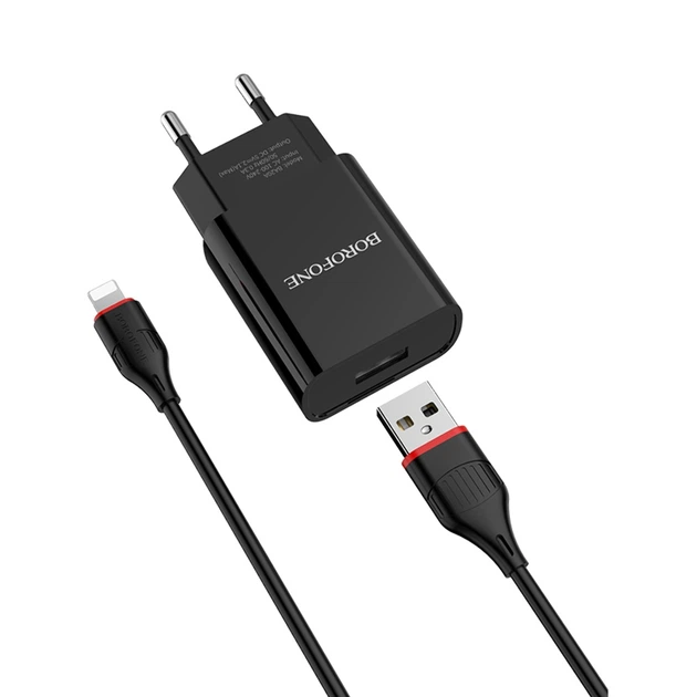 Сетевое зарядное устройство Borofone BA20A USB 2.1A Lightning черное - Фото 1 Сетевое зарядное устройство Borofone BA20A USB 2.1A Lightning черное - изображение 1