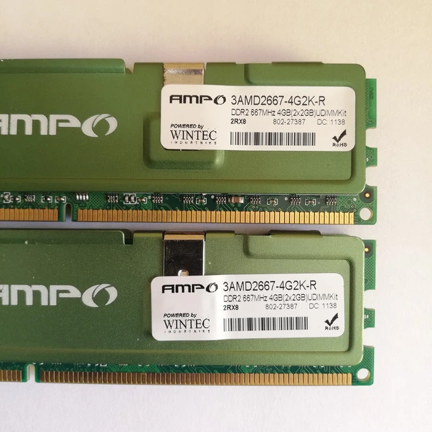 Комплект оперативної пам'яті Wintec AMPO DDR2 4Gb (2Gb+2Gb) 667MHz PC2 5300U CL5 (3AMD2667-4G2K-R) Б/У - зображення 2