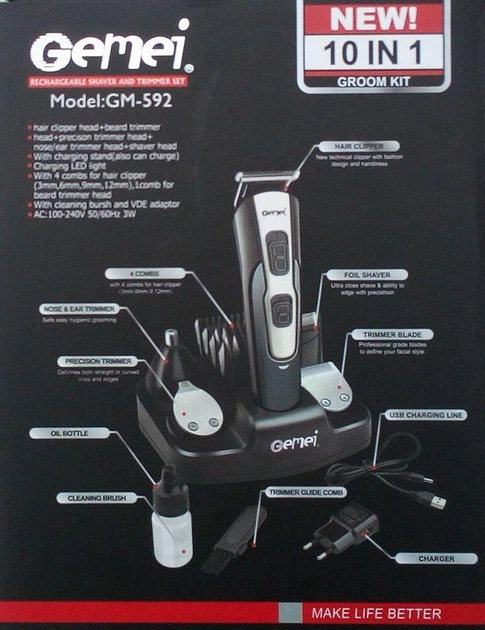 Набор для стрижки волос Gemei Gm-592 10 в 1 стрижка бороды, усов серебристый - изображение 3
