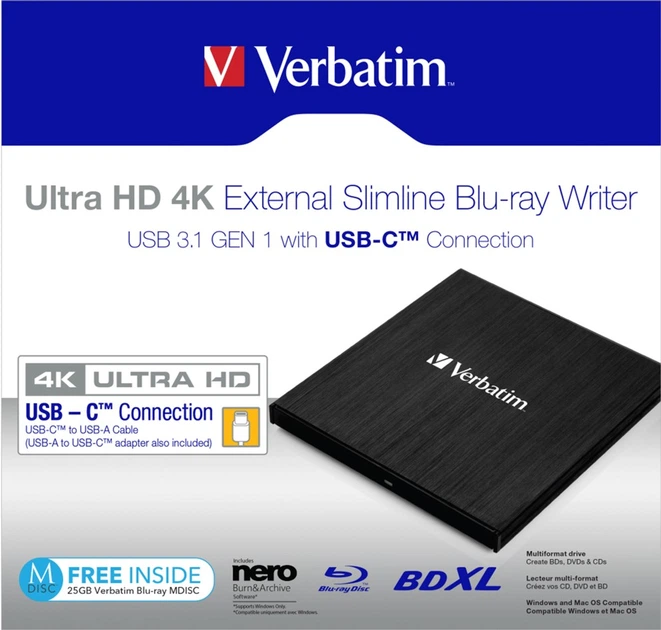 Napęd optyczny Verbatim Ultra HD 4K External Slimline Blu-ray Writer USB 3.2 Gen1 Type-C Black (43888) - obraz 5