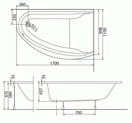 Ванна акриловая KOLO MIRRA 170х110 (XWA3370000) правосторонняя + ножки SN8 - изображение 2
