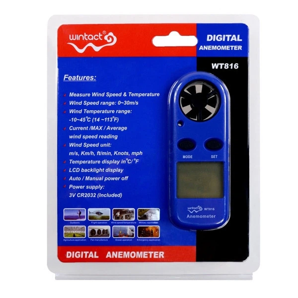 Цифровой анемометр Wintact WT816 (0,7 - 30 м/с) + встроенный датчик температуры + влагозащитный чехол - изображение 2