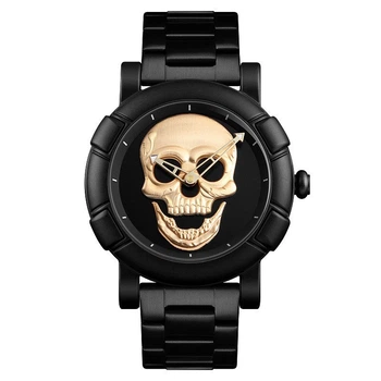 Чоловічий годинник Skmei Skull 9178 Чорний із золотим черепом