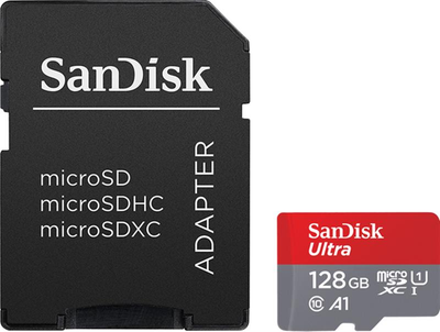 Карта памяти MicroSDXC 128GB UHS-I Class 10 SanDisk Ultra A1 R100MB/s + SD-adapter (SDSQUAR-128G-GN6MA)