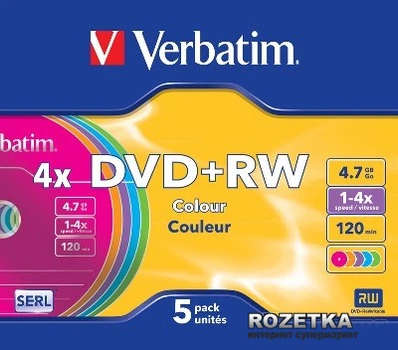 Verbatim DVD+RW 4,7 GB 4x Slim 5 шт Color (43297)