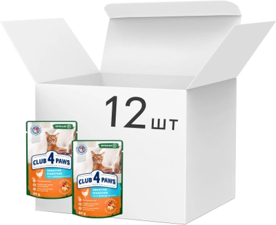 Упаковка влажного корма для взрослых кошек Club 4 Paws (Клуб 4 Лапы) с чувствительным пищеварением с курицей EPIKUR в соусе 80 г х 12 шт (4820215366038)