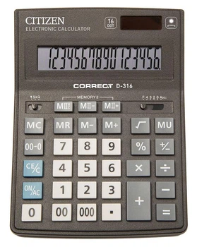 Калькулятор Citizen Correct D-316; настольный, 16-разрядный, литиевая + солнечная батарея (двойное), 205 х 155 x 28 мм