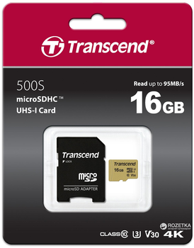 Карта памяти Transcend MicroSDHC 500S 16GB Class 10 UHS-I U3 + adapter (TS16GUSD500S)