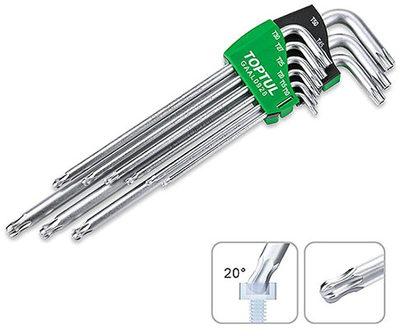 Набор Г-образных ключей Torx Toptul супердлинных с отверстием и шаром T10-T50 9 шт (GAAL0928)