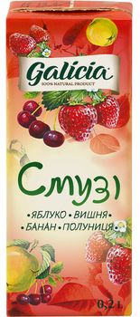 Упаковка соку Galicia з м'якоттю із суміші фруктів Смузі вишня та полуниця TGA 0.2 л х 27 шт. (4820209562903)