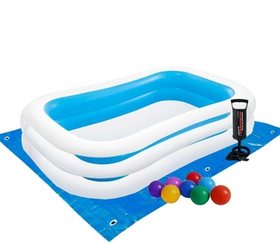 Надувной детский бассейн с подстилкой и насосом Intex 56483-2 Морская волна (262х175х56) бело-голубой + 10 шариков (it-56483-2b)