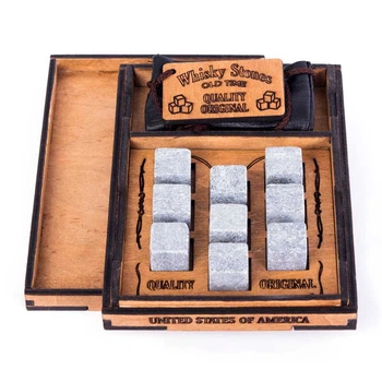 Камені для віскі в подарунковій упаковці Whiskey stones Original Wood 9шт зі стеатиту + мішечок Сірі