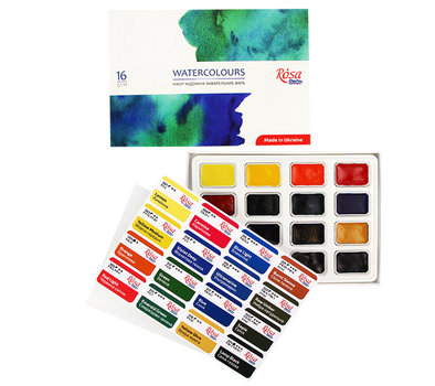 Набір акварельних фарб Rosa Studio Watercolours 16 кольору кювета картонна коробка (340204)