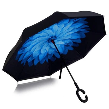 Зонт обратного сложения наоборот Up-Brella умный антизонт (смарт зонт) Цветок Синий